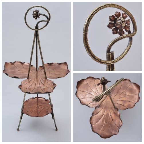 Antique Aesthetic Movement cake stand display table, brass bamboo & copper acanthus leaf, Townshends, 1880`s ca, English